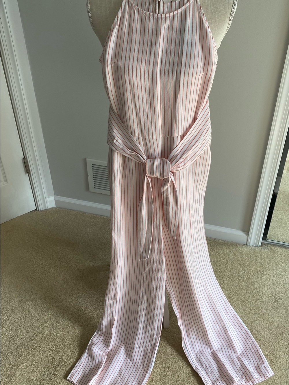 LOFT Orange and White Striped Halter Jumpsuit with Waist Tie